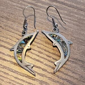 Vintage Alpaca Silver Dolphin Earrings with Abalone Inlay